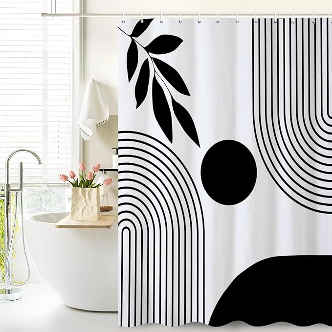 ChloropLastid Long Boho Shower Curtain Mid Century Modern Shower Curtains for Bathroom Black and White Geometric Minimalist Abstract Bohemian Waterproof Fabric Bathroom Shower Curtain Set 72x78 Inch