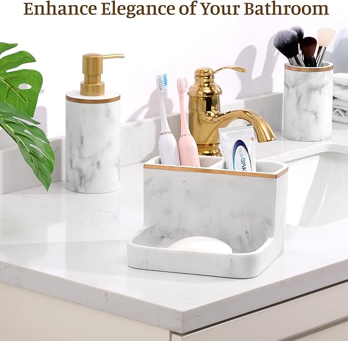 Shinowa Bathroom Accessories Set, Marble Look Toothbrush Holder and Soap Dispenser Set, Bathroom Countertop Décor Sets with Lotion Dispenser Soap Pump, Tumbler, Bathroom Organizer Accessories