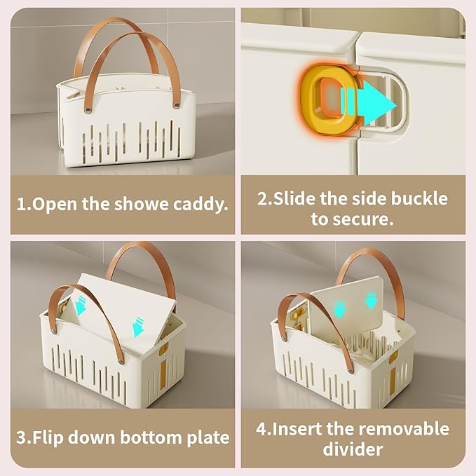 Portable Shower Caddy,Foldable Shower Caddy with Handle and Adjustable Divider,Plastic Shower Storage Basket,Quick Dry Bathroom Shower Organizer Bin for College,Dorm Room,Travel Essentials(Cream)