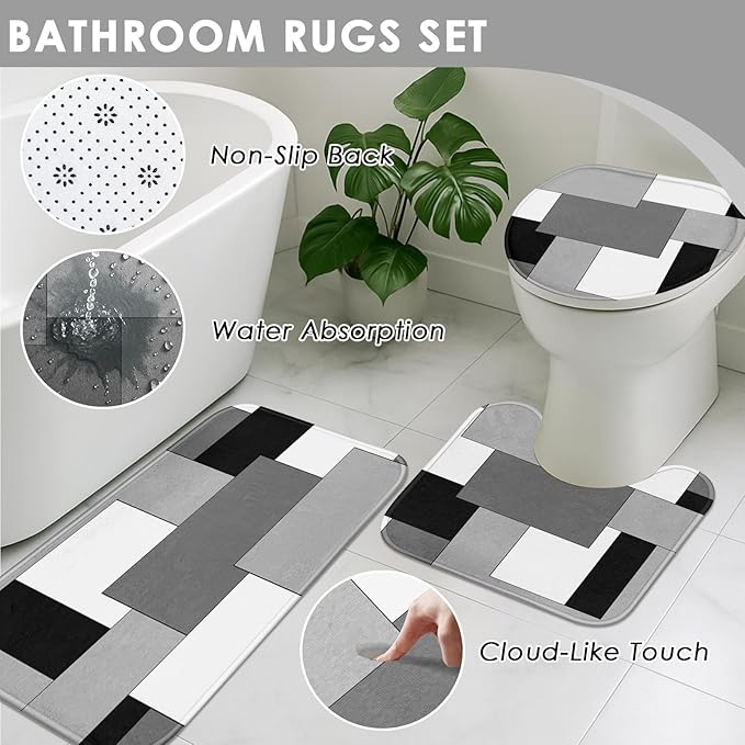 Geometric Checkered Grey Black Bathroom Decor and Accessories Set, Shower Curtain and Rug Set with Trash Can, Soap Dispenser, Soap Dish, Toothbrush Holder, Toothbrush Cup, Toilet Brush
