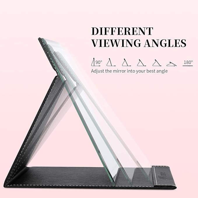 DUcare Folding Mirror Portable Travel PU Portable Adjustable Rectangular Ultrathin Vanity Mirror with Stand Black