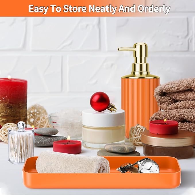 XLHOMO 9PCS Orange Bathroom Accessories Set Complete with Trash Can, Vanity Tray, Soap Dispenser, Soap Dish, Toothbrush Holder, Toothbrush Cup, Toilet Brush and Qtip Holders