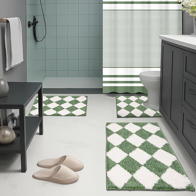 Britimes Sage Green Bathroom Sets with Shower Curtain and Rugs, Minimalist Geometric Modern Striped Waterproof Shower Curtain Liner and Soft Non Slip Bath Mat for Bathroom Decor and Accessories Hooks