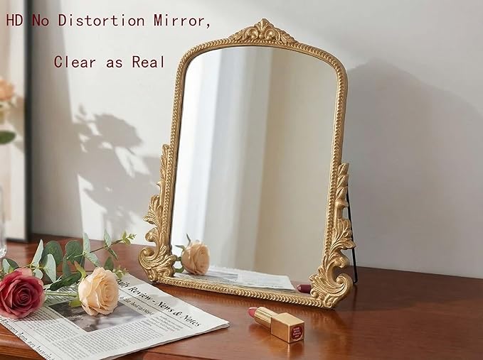 HSDDHOME 16x20 Inch Large Vintage Gold Table Mirror - Antique Wooden Frame Vanity Mirror with Foldable Stand for Makeup, Décor & Gifts