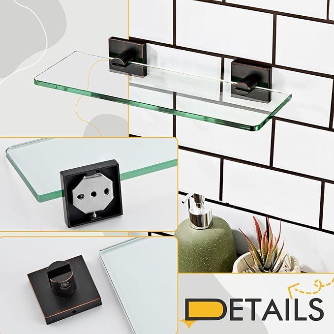 KOKOSIRI Bathroom Wall Shelves 12-Inch Tempered Glass Floating Shelf for Shower Storage Decor, 2 Pack Oil Rubbed Bronze Stainless Steel B1107ORB-L12-P2