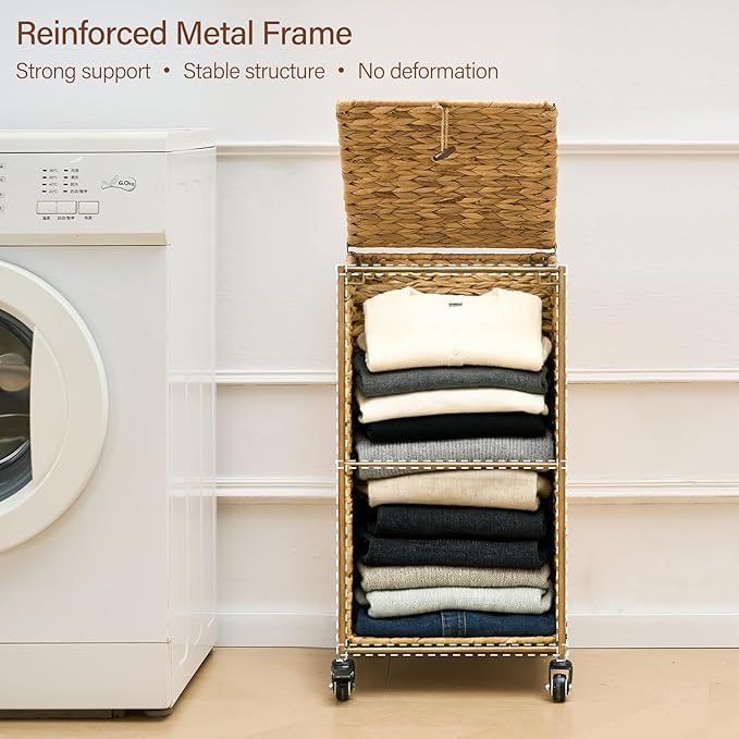 Hand-Woven Laundry Basket with Wheels, Natural Water Hyacinth Laundry Hamper with Lid, Removable & Machine-Washable Liner,Clothes Hamper for Bathroom and Laundry Room(65L,Natural)