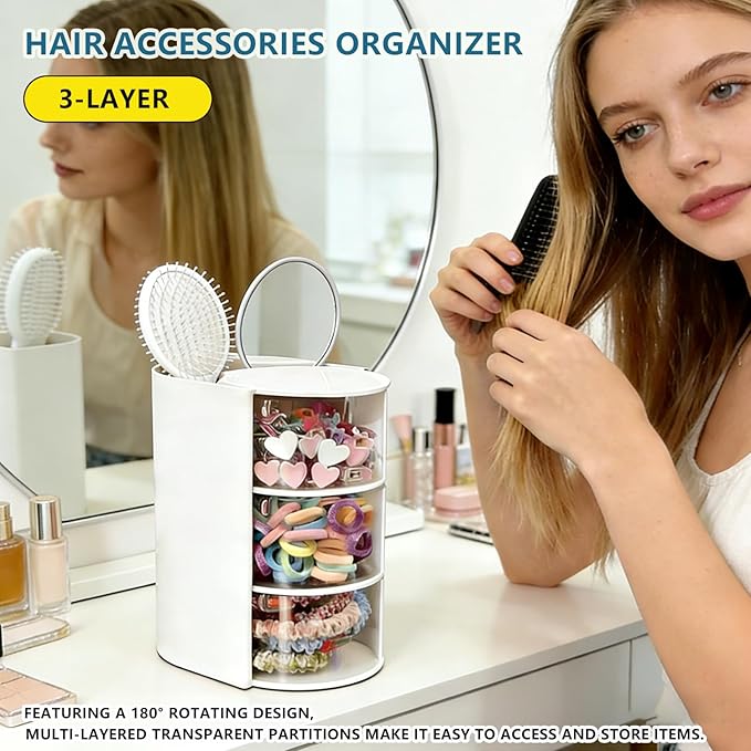 Hair Accessories Organizer With Hairbrush Holder, 3-Layer Clear Rotatable Hair Caddy And Brush Holder For Vanity, Holds Brushes, Ties, Bows, Clips & Jewelry Hair Tool Organizer Box(White)