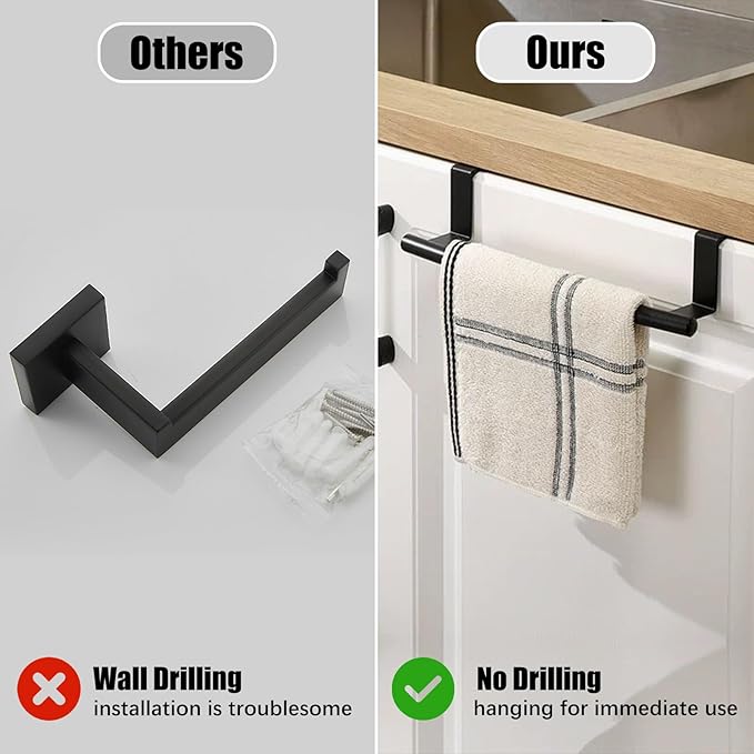 RETON 3 PCS Over Door Towel Rack, 9 Inch Stainless Steel Cabinet Towel Hanger Towel Bar Holders, Kitchen Towel Holder with Anti-Slip Pads, No Drilling (Black)