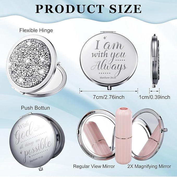 Thyle 12 Pcs Christian Compact Mirror Gifts for Women Mother's Day Nurse Week Bible Verse Wallet Mirror Bulk Hand Makeup Compact Religious Baptism for Holy Communion Teacher(Same,Silver)