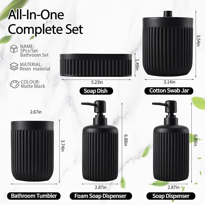 XLHOMO Black Resin Bathroom Accessories Set 5 Pcs, Bathroom Accessory Set Includes Foaming Soap Dispenser, Lotion Soap Dispenser, Toothbrush Holder, Qtip Holder, Soap Dish, for Modern Home Apartment