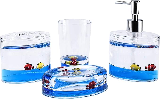 Locco Decor 4 Piece Acrylic Liquid 4D Floating Motion Bathroom Vanity Accessory Set Ocean Cartoon Animal Theme Fish Toothbrush Holder, Tumbler, Soap Dispenser, Soap Dish