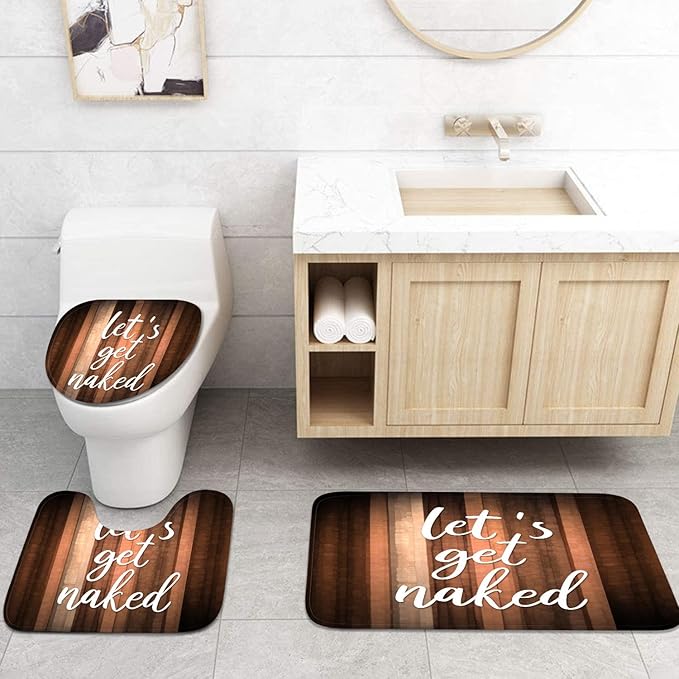 ArtSocket 4PC Let's Get Naked Orange Brown Striped Vintage Abstract Shower Curtain Sets Bathroom Decor with Rugs, Non-Slip Rug,Toilet Lid Cover, Bath Mat and 12 Hooks 72x72 inches