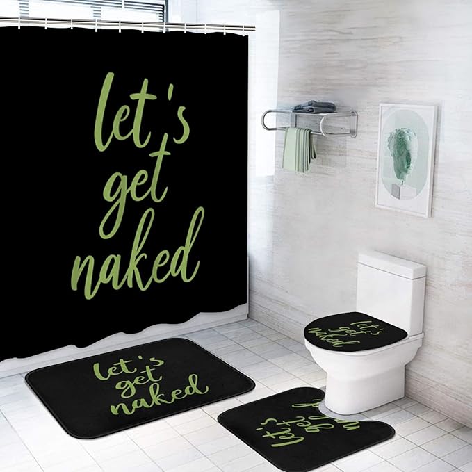 ArtSocket 4PC Green Let's Get Naked Shower Curtain Sets Black Bathroom Decor with Rugs, Non-Slip Rug,Toilet Lid Cover, Bath Mat and 12 Hooks 72x72 inches