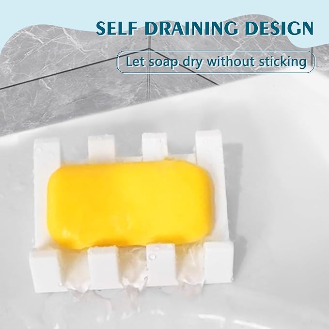 Self Draining Soap Dish Holder,Silicone Soap Dish,for Bathroom,Kitchen, Sponges，Can Extend Soap Life，Keep Soap Bars Dry and Easy Cleaning (White,4-Pack)