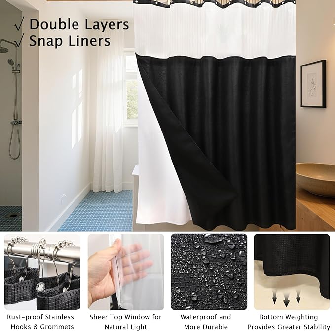 23 Pcs Bathroom Set with Shower Curtain and Rugs Black Bathroom Accessory Set, Shower Curtain with Liner, Memory Foam Bathroom Rugs, Toilet Brush, Trash Can, Soap Dispenser, Countertop Set
