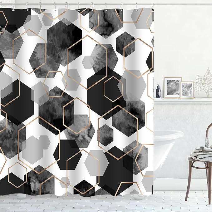 Muuyi 4Pcs Black White Geometric Shower Curtain Set, Neutral Modern Art Deco Shower Curtain with Hooks, Elegant Trendy Simple Bathroom Sets with Shower Curtain and Rugs, 71 * 71in