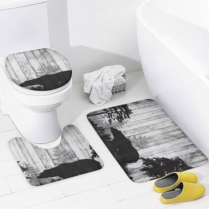 Rustic Black Bear 4 Piece Shower Curtain Sets, Non-Slip Rugs, Toilet Lid Cover and Bath Mat, Durable and Waterproof, for Bathroom Decor Set One Size