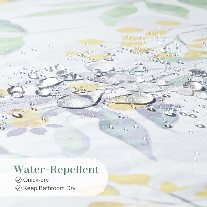Sage Green Yellow Leaf Floral Shower Curtain, Watercolor Plant Fabric Shower Curtain, Waterproof Decorative Boho Botanical Bathroom Curtains, 72" W x 78" H