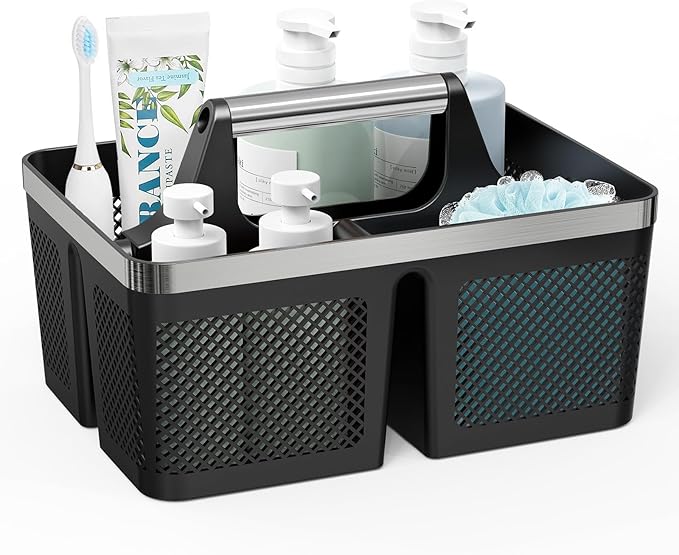 BYUNER Black Shower Caddy Portable: Plastic Bathroom Caddy Organizer with Handle and Holes, Cleaning Caddy, Hard Shower Basket Storage Tote for Toiletry, College Dorm Room Essentials for Men