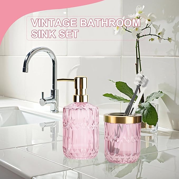 Glass Bathroom Accessories Set, 2PCS Clear Glass Bathroom Accessory, Toothbrush Holder and Soap Dispenser Set for Modern Bathroom Decor(Pink)