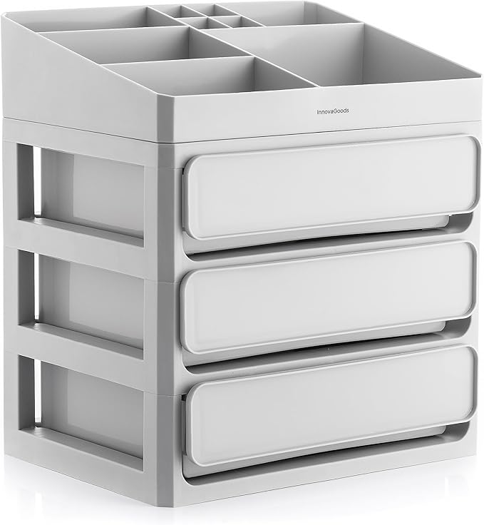 InnovaGoods® Makeup Organizer with 3 Drawers, 9 Compartments, Removable Tray, Bathroom or Bedroom Storage for Lipsticks, Palettes, Creams, Makeup Display Set, Grey