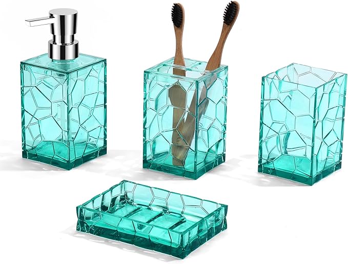 GAHEFY Teal Blue Beach Bathroom Accessories Set with Toothbrush Holder, Soap Dispenser, Tumbler, Soap Dish, Turquoise Bathroom Decor,Acrylic (Teal-4pcs)