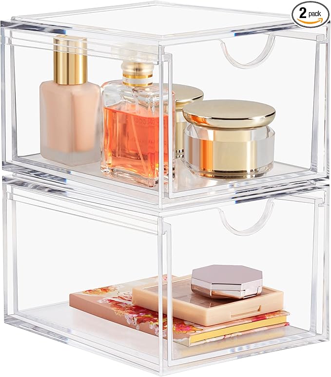 Boxalls 2 Pack Acrylic Stackable Storage Drawers Makeup Organizer, 20% Thicker Clear Bathroom Organizers for Cosmetics, Skin Care, Hair Accessories, Beauty, Vanity, Countertop and Dresser