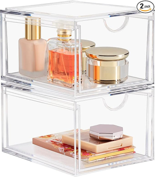 Boxalls 2 Pack Acrylic Stackable Storage Drawers Makeup Organizer, 20% Thicker Clear Bathroom Organizers for Cosmetics, Skin Care, Hair Accessories, Beauty, Vanity, Countertop and Dresser