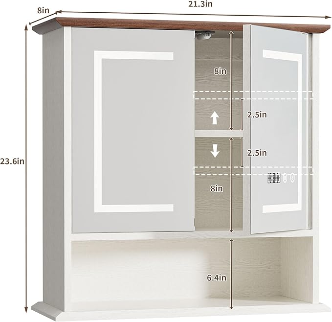 Bathroom Medicine Cabinet with Mirror, Lighted Storage Cabinet Wall Mounted with Doors & Adjustable Wood Shelf, Modern Bathroom Mirror with LED Lights Defogger for Makeup Laundry/Living Room, White