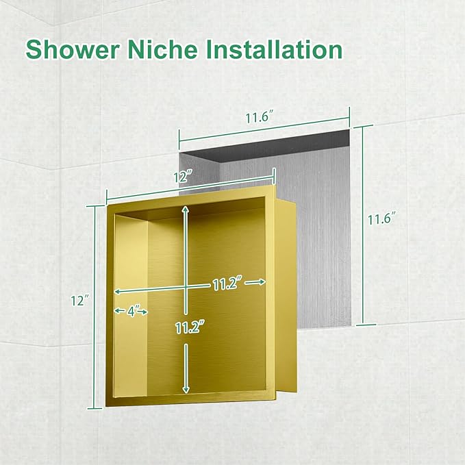 SaniteModar Shower Niche, Stainless Steel Shower Niche No Tile Needed, Recessed for Bathroom Storage (Brushed Gold, 12x12)