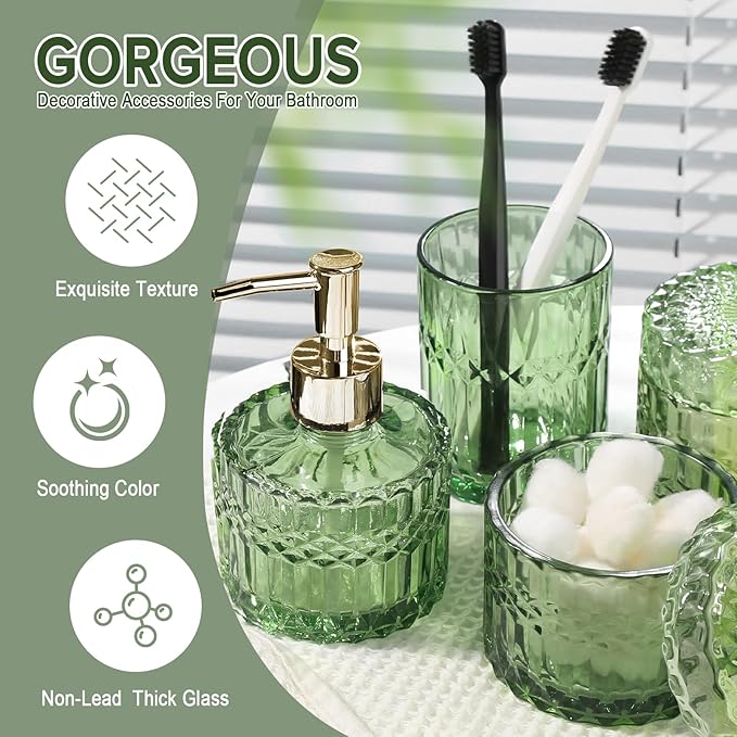 Green Bathroom Accessories Set, 4Pcs Green Bathroom Decor Accessory Sets Complete, Glass Soap Dispenser and Toothbrush Holder Set for Vintage Bathroom Countertop