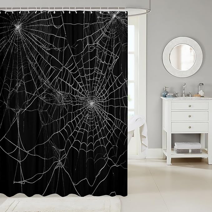 Feelyou Spider Web Bath Curtain Halloween Theme Spider Print Shower Curtain Black White Decor Bathroom Curtain Set Polyester Trick or Treat Waterproof Shower Curtains 72"x78"