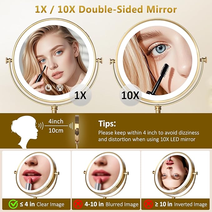 Lighted Makeup Mirror,4000mAh Rechargeable Double Sided Magnifying Mirror 1x/10x with 3 ColorsStepless Dimming, 360° Rotation Vanity Mirror with Lights, Memory Function,Gold