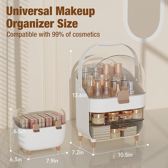 Makeup Organizer for Vanity with perfume Storage Box, Countertop Skincare Organizer with 2 Drawers, Cosmetic Display Case for Perfumes, Eyeshadow Palettes, Nail Polishes, Rose Gold