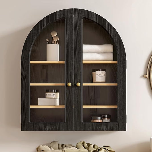 EYYTHUNG Arched Wall Cabinet, Large Bathroom Medicine Cabinet Wall Mounted Cupboard, Modern Floating Storage Cabinet with Acrylic Door Adjustable Shelf, Wood Organizer (Black-Oak)