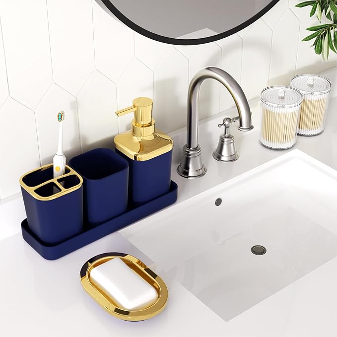 XLHOMO Bathroom Accessories Set - Luxury Blue Bathroom Set, 9 Pieces Bathroom Accessory Set, Navy Blue Bathroom Accessories with Trash Can, Toilet Brush & Soap Dispenser