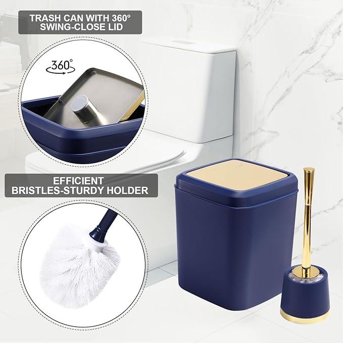 XLHOMO 25PCS Navy Blue Bathroom Accessories Sets Complete, with Shower Curtain, Rugs, Trash Can and Toilet Brush, Soap Dispenser, Toothbrush Holder and Cup, Soap Dish, Qtip Holder, Bathroom Decor Sets