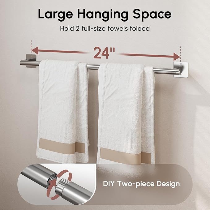 USHOWER Brushed Nickel Towel Bar, 24 Inch Towel Racks for Bathroom Wall Mounted, Heavy Duty Stainless Steel Towel Holder, Easy Installation (Total Length 26 Inch) (Pack of 2)