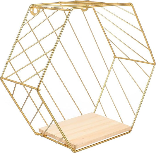 Luxshiny Wall Shelf with Hooks Gold Hexagonal Iron Rack Multi-Functional Decorative Storage Shelf for Bathroom Kitchen Living Room Wall Mounted Organizer