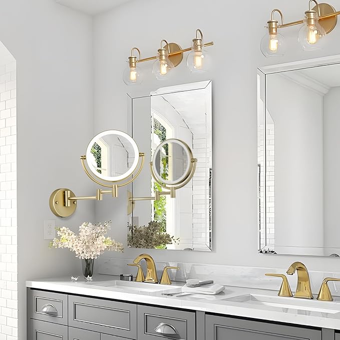 Lighted Makeup Mirror 10x Magnification Wall Mount, Hard Wired Double Sides 3 Color Lighting Touch Dimming, 360 Swivel Extended Arm Shaving Mirror for Bathroom, Satin Brushed Gold