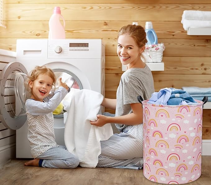 Baby Laundry Basket Kids Hamper Toy Storage Bin for Boys Room Decor Baby Nursery Hamper Gift Baskets for Bedroom Bathroom(Pink Rainbows)