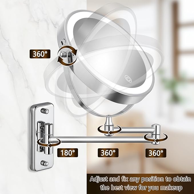 DECLUTTR Wall Mounted Lighted Makeup Mirror, Rechargeable 1X/15X Magnifying Mirror 8 Inch Double Sided, 3 Colors Vanity Mirror with Lights, Touch Dimmable 360° Rotation Foldable