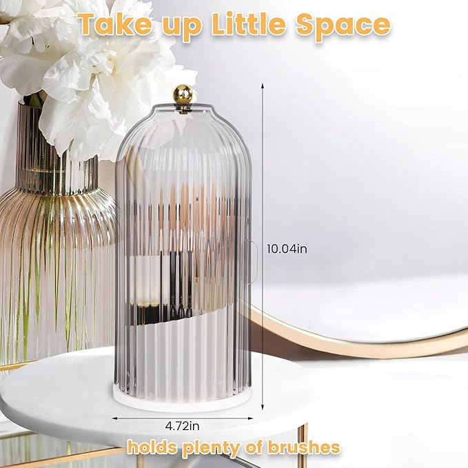 3 Tier Makeup Organizer with Clear Lid - 360° Rotating Protective Vanity Brush Holder for Bathroom Countertop Gray