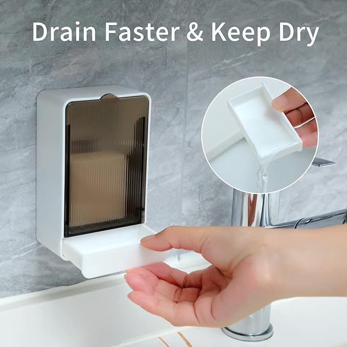 Bar Soap Holder Dish Shower 2 PCS Self Draining Soap Container with Lid, Wall Mounted Soap Box Tray for Bathroom Bathtub Sink, Waterproof White, Adhesive Include (White)
