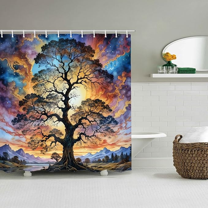 Shower Curtains Life Tree Theme, Colorful Bright Sky Brings A Unique Artistic Atmosphere to The Bathroom, 59x72 Inch Fabric Shower Curtain with 12 Hooks.