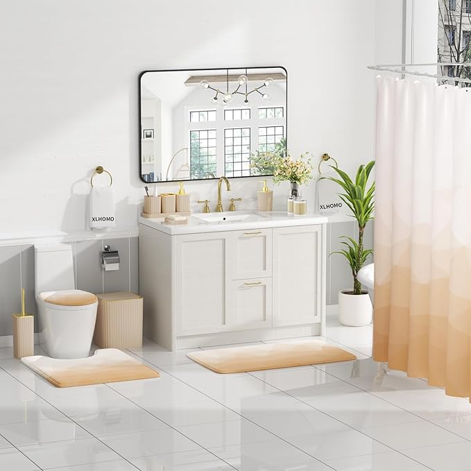 XLHOMO Bathroom Accessory Set - 26PC Bathroom Shower Curtain and Rug Set, Bathroom Accessories Set, Beige Bathroom Set with Trash Can, Toilet Brush, Qtip Holder & Soap Dispenser
