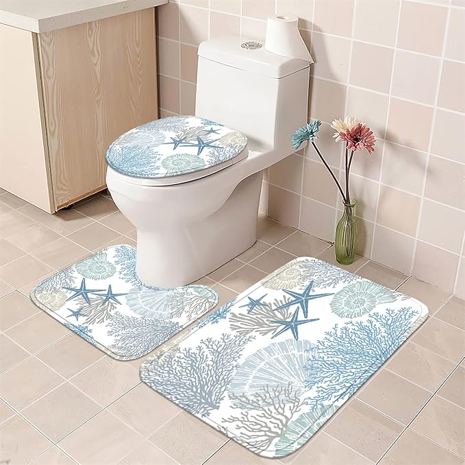 Nkzply 4 Pcs Beach Shower Curtain Blue Bathroom Sets with Shower Curtain and Rugs Ocean Shower Curtain Set Starfish Bathroom Decor Accessories Seashell Bathroom Rug Set Nautical Toilet Lid Cover Hooks