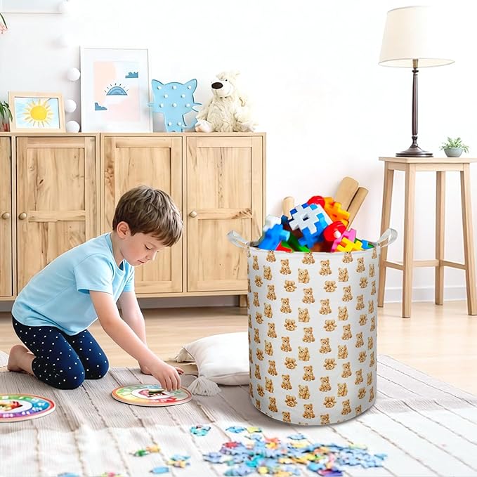 Bear Nursery Kids Laundry Basket Hamper, Cute Brown Little Bears Foldable Clothes Toys Books Storage Box Bins Baskets Organizer for Nursery Kids Room Bedroom Playroom