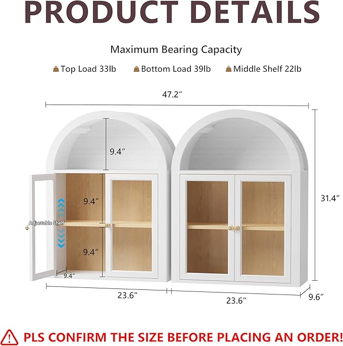 Furnaza Arched Wall Mounted Display Medicine Cabinets with Tempered Glass Doors and Adjustable Shelf for Bath or Living Room (White, 24" W X2pcs)