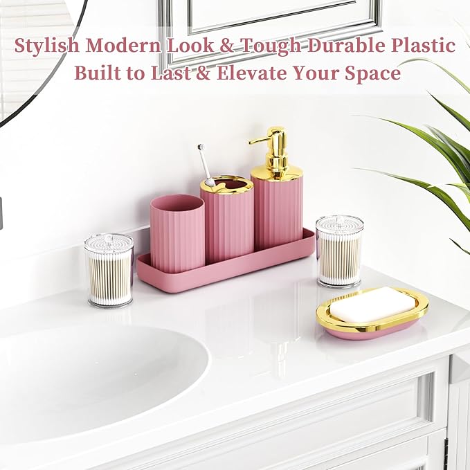 Pink and Gold Bathroom Accessories, Bathroom Sets with Shower Curtain and Rugs, Bath Rugs Accessory Set with Bathroom Trash Can, Soap Dispenser, Soap Dish for Home Decor